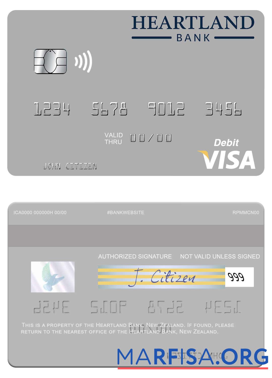 Realistic New Zealand Heartland Bank visa debit card example